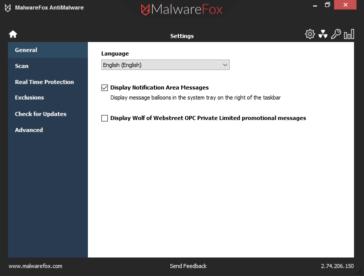 MalwareFox AntiMalware Settings Screenshot