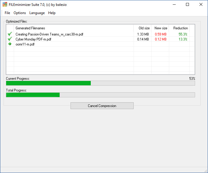 Balesio FILEminimizer Suite 7.0 Compression Screenshot