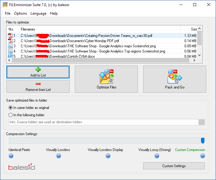 Balesio FILEminimizer Suite 7.0 Main Screenshot