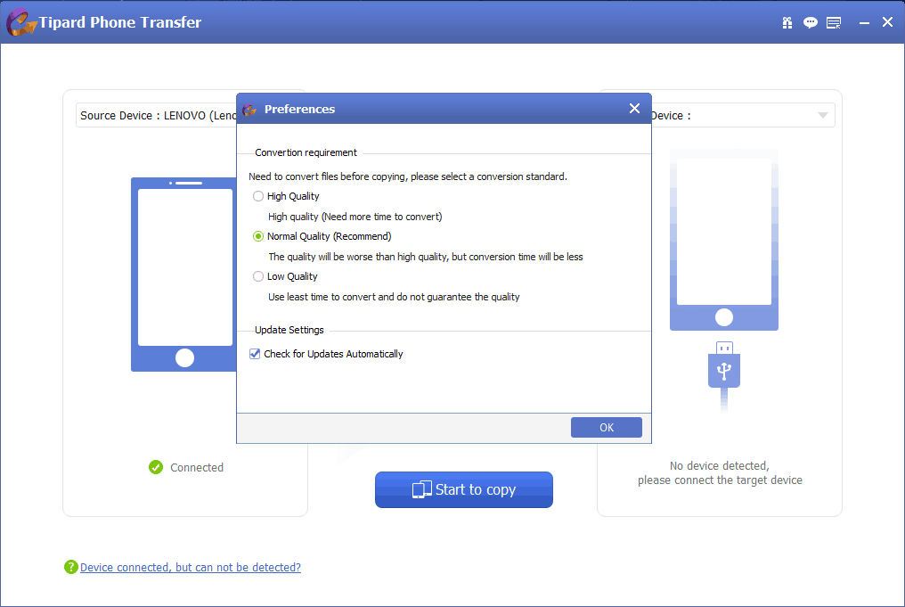 Tipard Phone Transfer setting Screenshot
