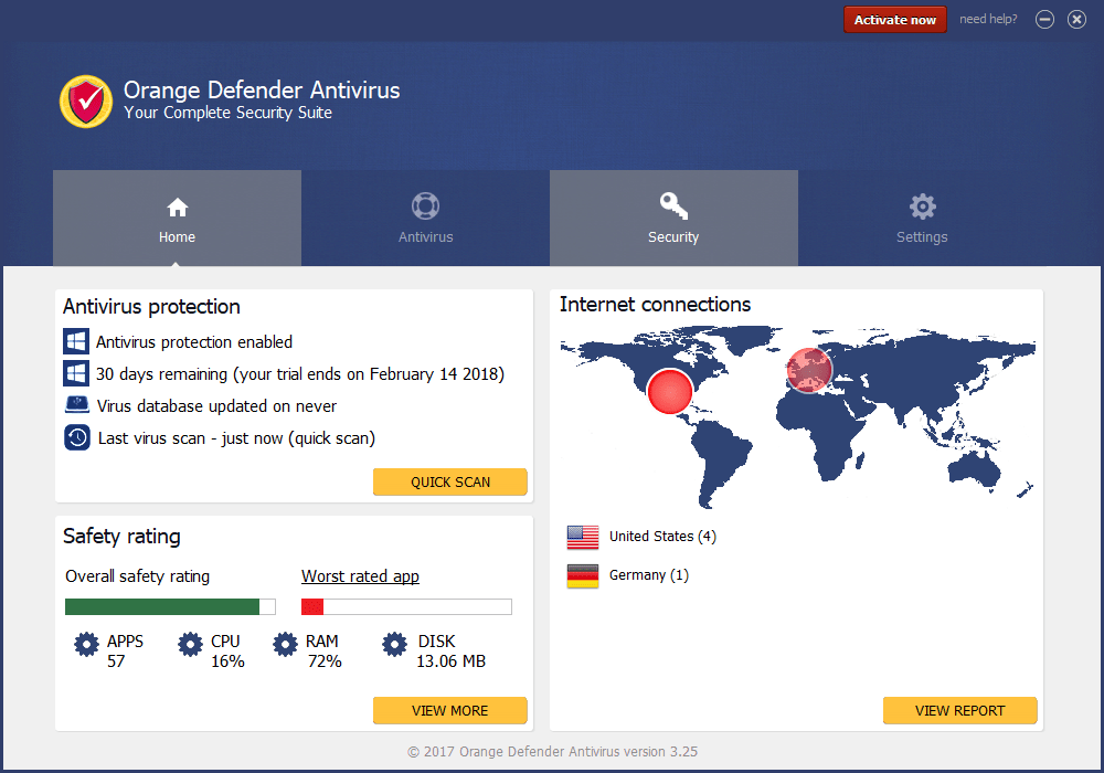 Orange Defender Antivirus Network Active Screenshot