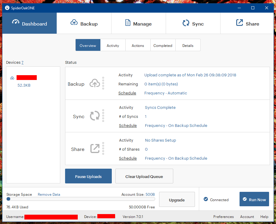 SpiderOak ONE Backup Dashboard Screenshot