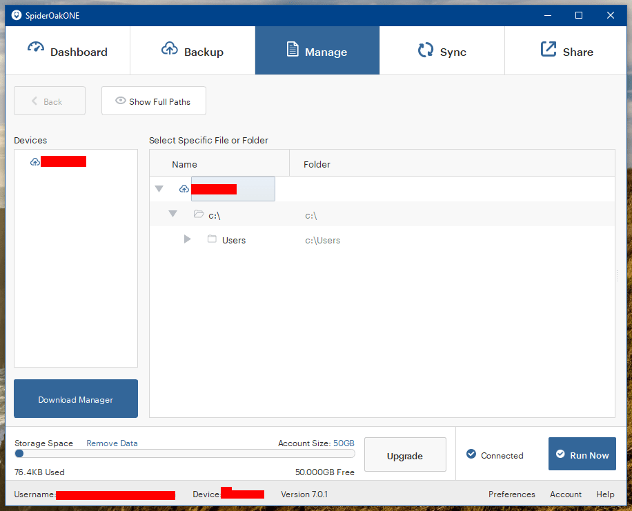 SpiderOak ONE Backup Manage Screenshot