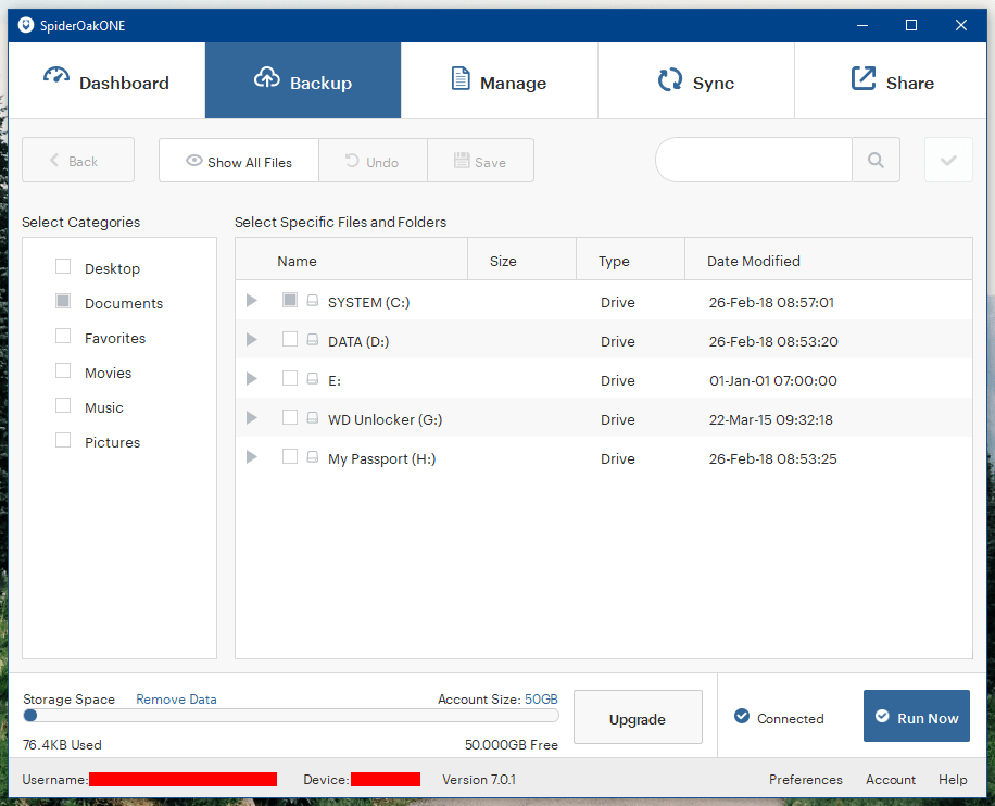 SpiderOak ONE Backup Screenshot