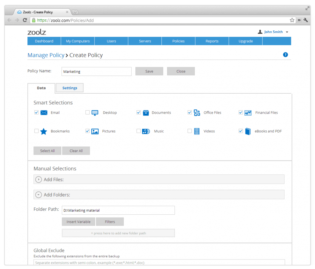 Zoolz Business Cloud Backup - Manage Policy