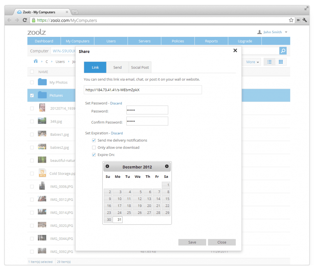 Zoolz Business Cloud Backup - Share link generate
