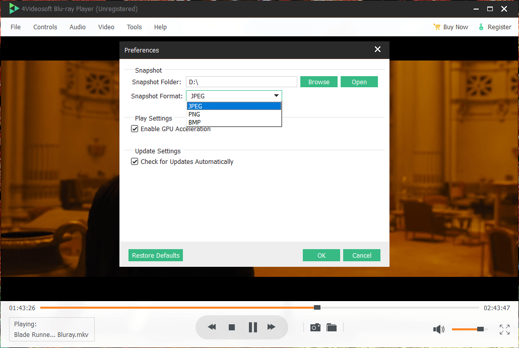 4Videosoft Blu-ray Player Preferences Screenshot