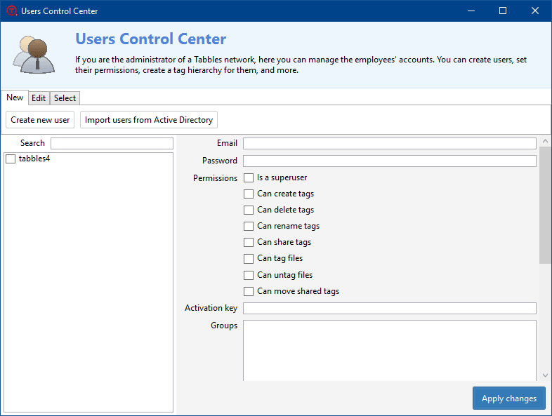 Tabbles User Control Center