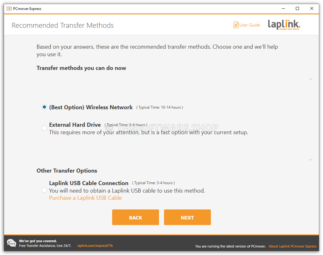 Laplink PCmover Express Screenshot - Recommended Transfer Methods