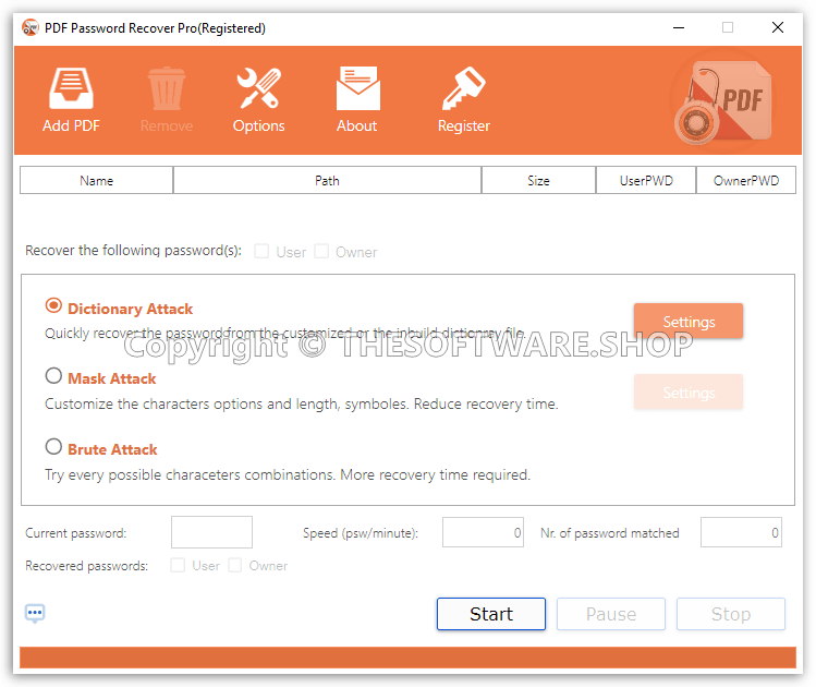 PDF Password Recover PRO - Main Interface