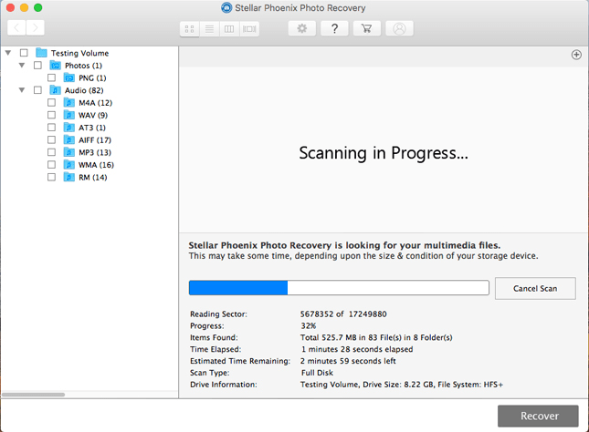 Stellar Phoenix Photo Recovery Mac Scanning Progress