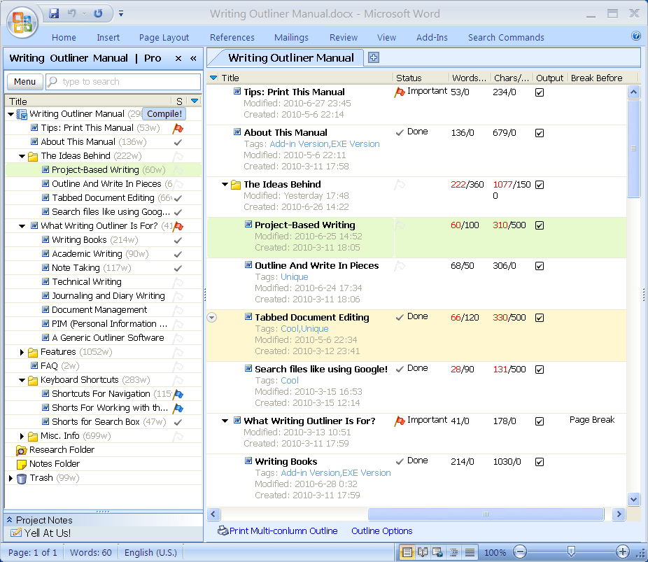 Writing Outliner word project outliner