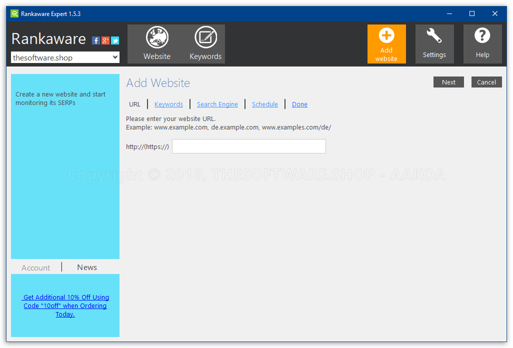 Rankaware Expert Business - Add Website wizard