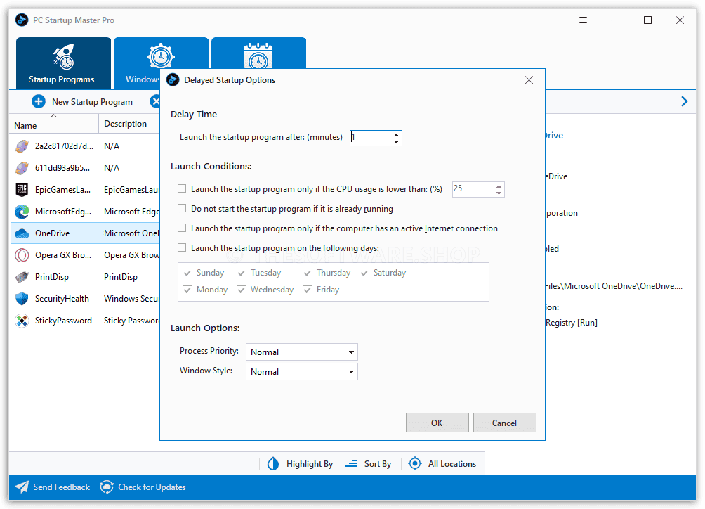 PC Startup Master Pro Delayed Startup options