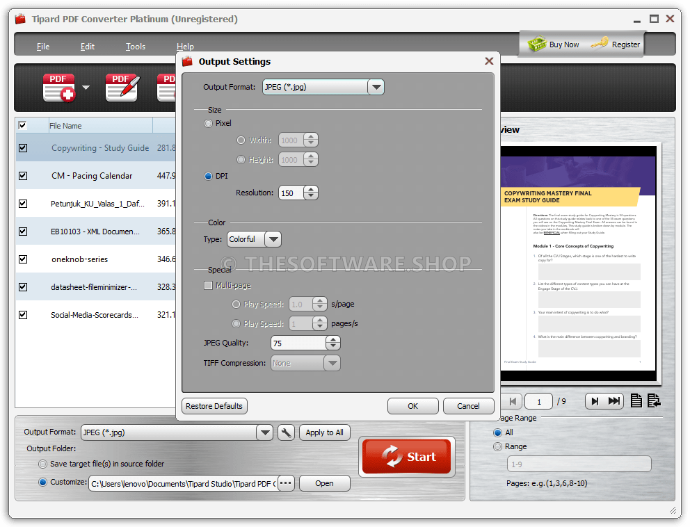 Tipard PDF Converter Platinum Screenshot - Output Settings