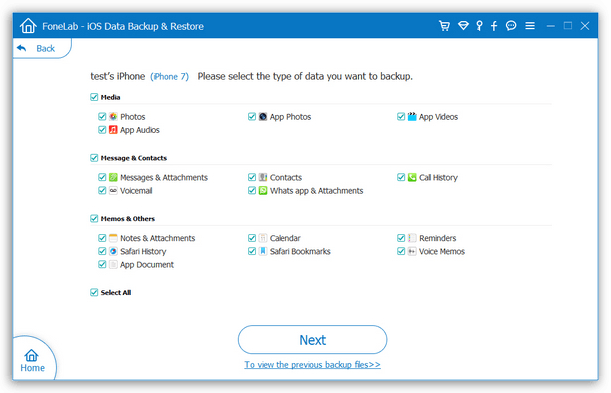 Aiseesoft FoneLab iOS Data Backup & Restore - DaTA tYPE sELECTIONS