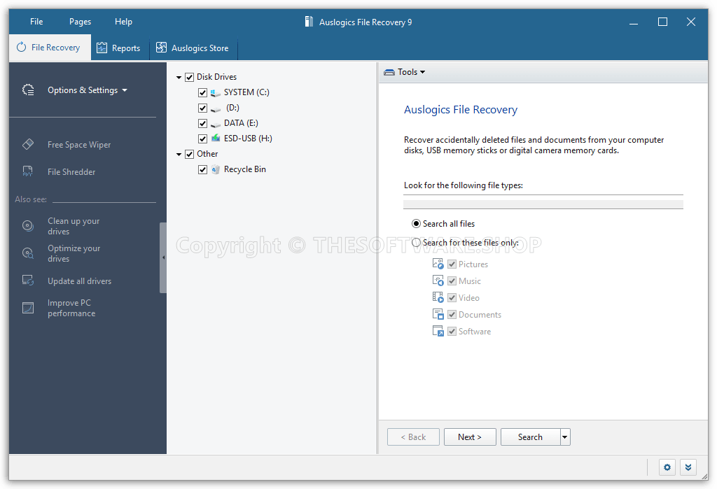 Auslogics File Recovery 9 - Mian Interface
