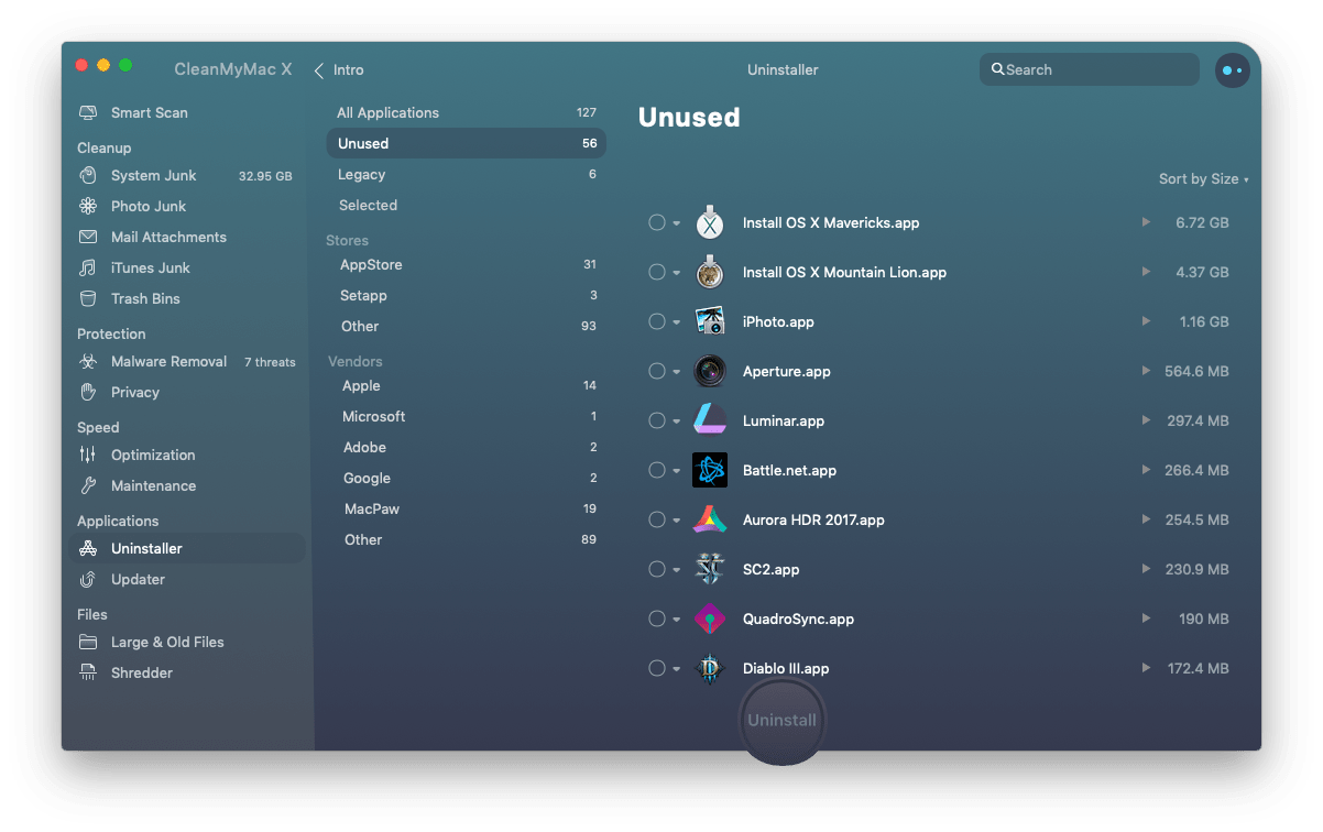 CleanMyMac X - Uninstaller - unused selected