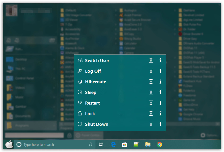 Start Menu X PRO - Power Controls