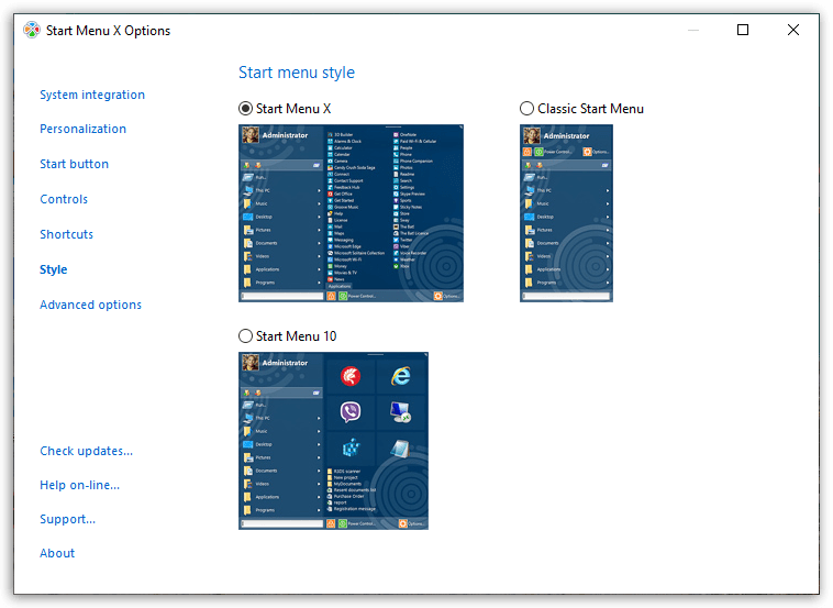 Start Menu X PRO - Style Options