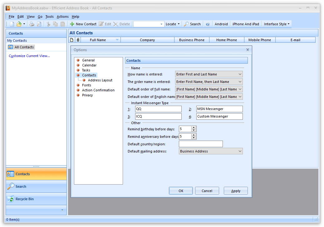 Efficient Address Book - Settings