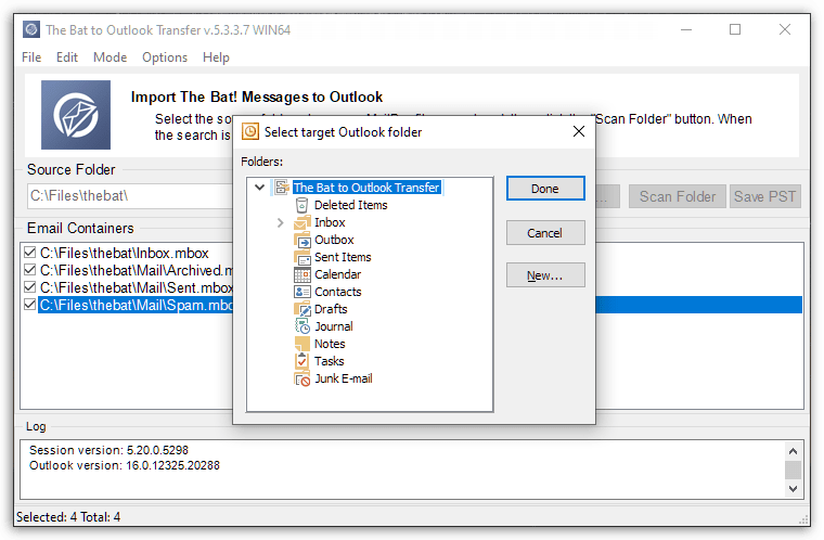 The Bat! to Outlook Transfer - Select Outlook Folder