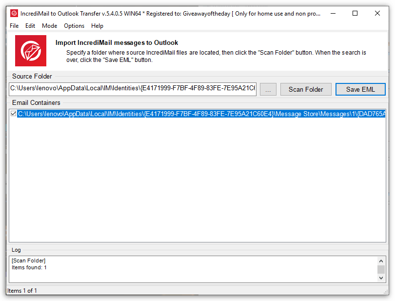 Incredimail to Outlook Transfer Screenshot