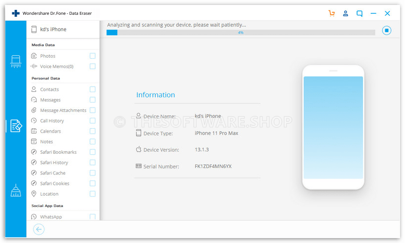 Wondershare Dr.Fone Data Eraser (iOS) Screenshot - Private Data Analying