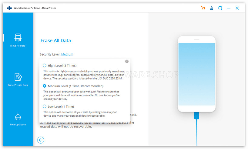 Wondershare Dr.Fone Data Eraser (iOS) Screenshot - Security Level