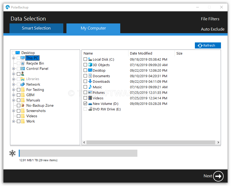 PolarBackup Software Data Selection - My-Computer