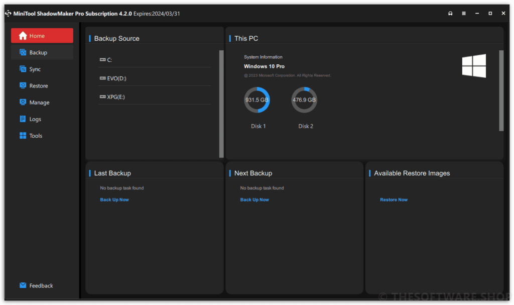 MiniTool ShadowMaker Pro v4 Screenshot - Home Interface