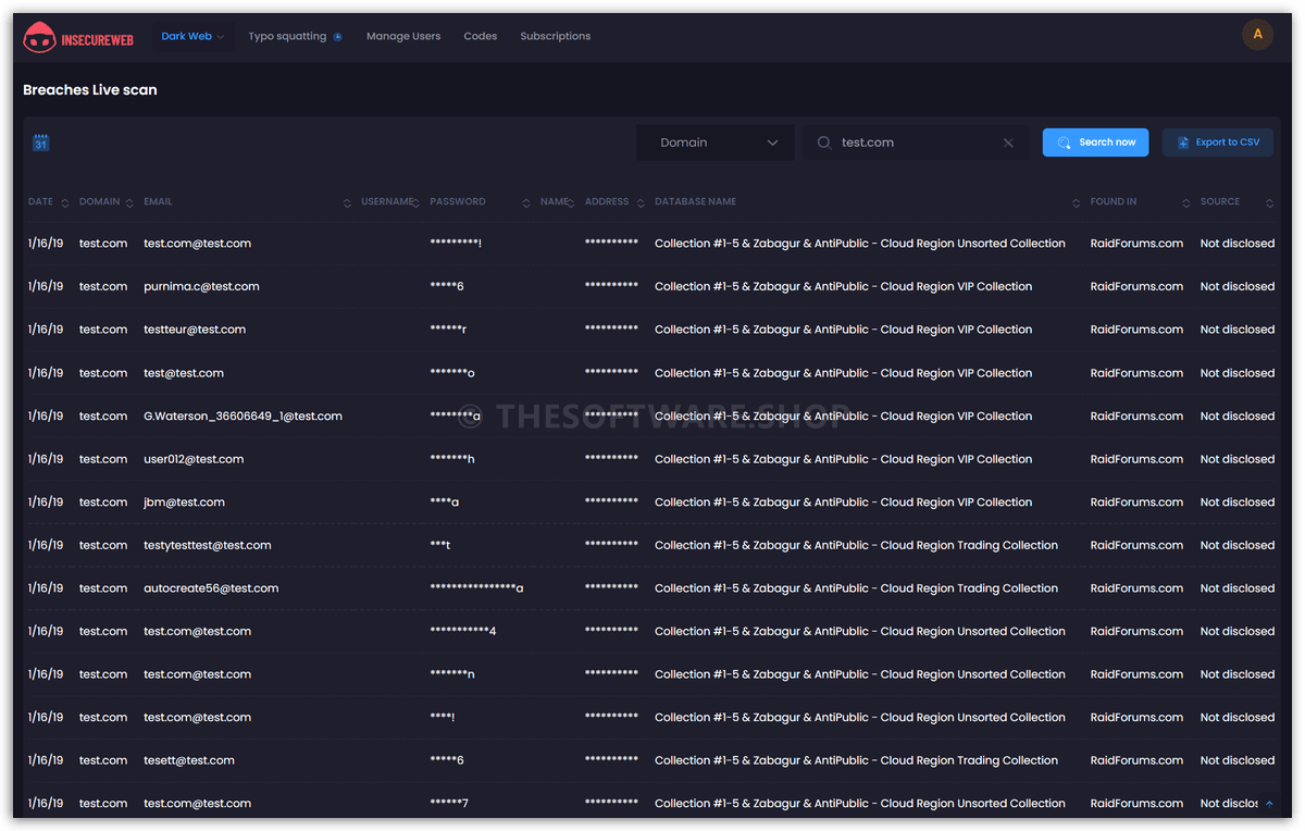 InsecureWeb Screenshot - Breaches Live Scan