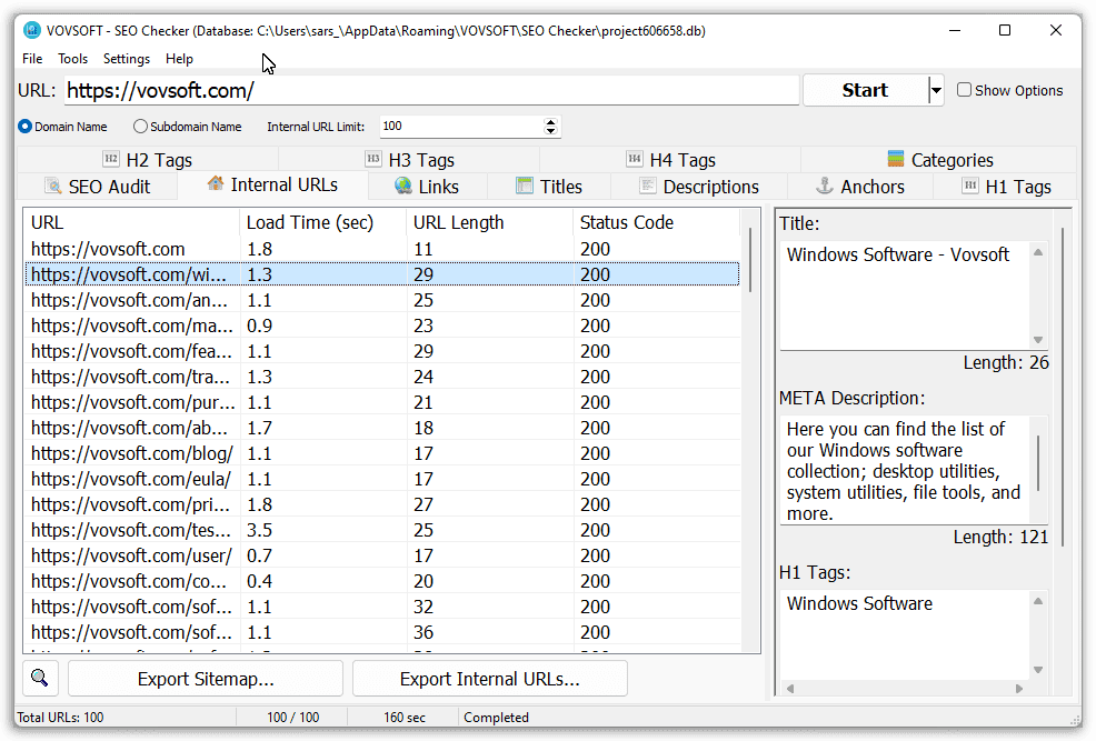 VOVSOFT SEO Checker Screenshot - Internal URLs