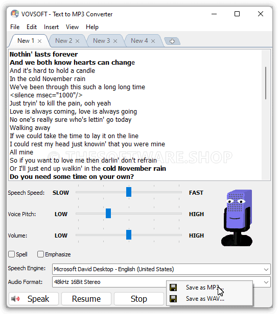 VOVSOFT Text to MP3 Converter - Save