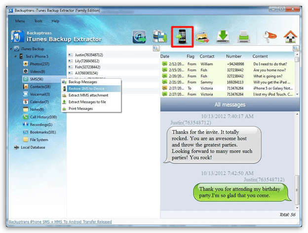 Backuptrans iTunes Backup Extractor - restore lost sms from itunes backup