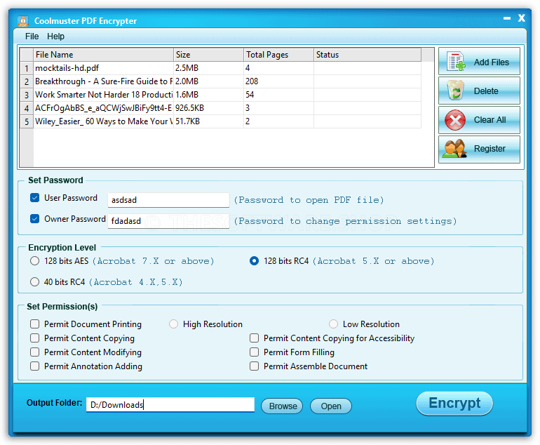 CoolMuster PDF Encrypter Set Password and Excryption Level