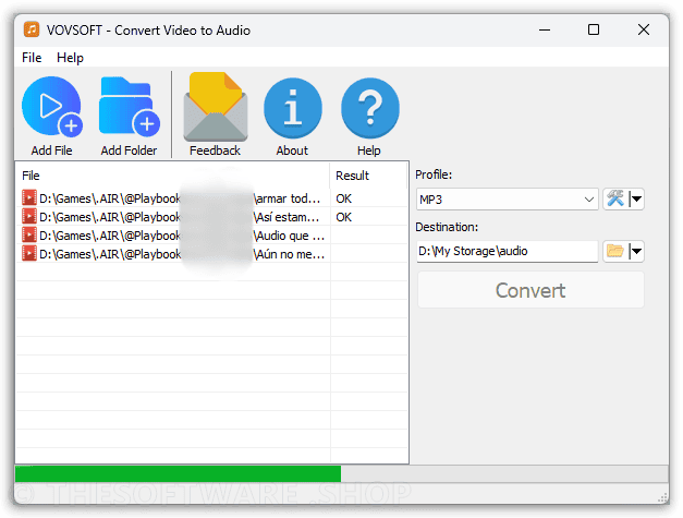 VOVSOFT Convert Video to Audio screenshot - Conversion Process and results