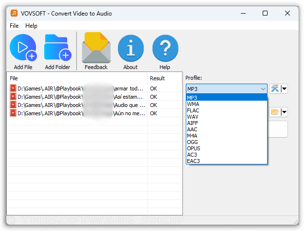 VOVSOFT Convert Video to Audio screenshot - Profiles