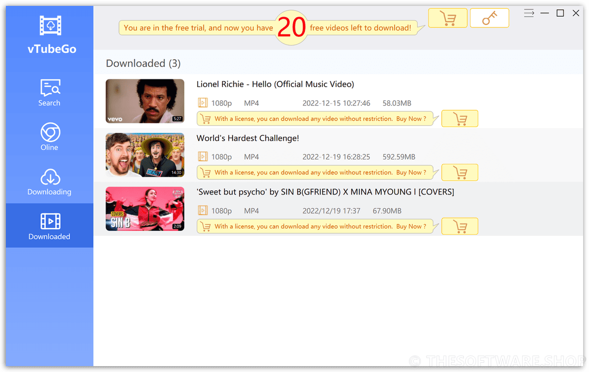 vTubeGo Video Downloader Interface Screenshot