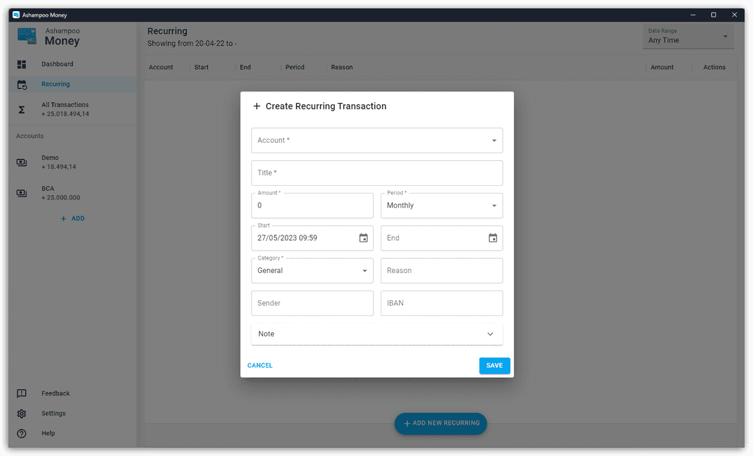 Ashampoo Money Create Recurring Transaction