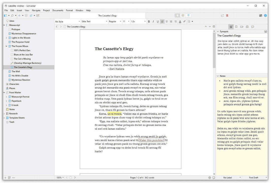 Scrivener Binder-page view