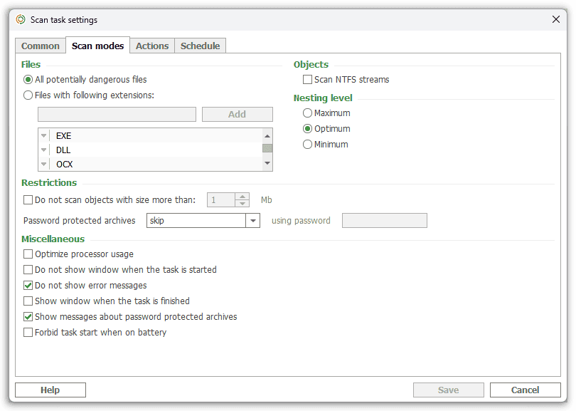 NANO Antivirus Pro - Scan Task Settings