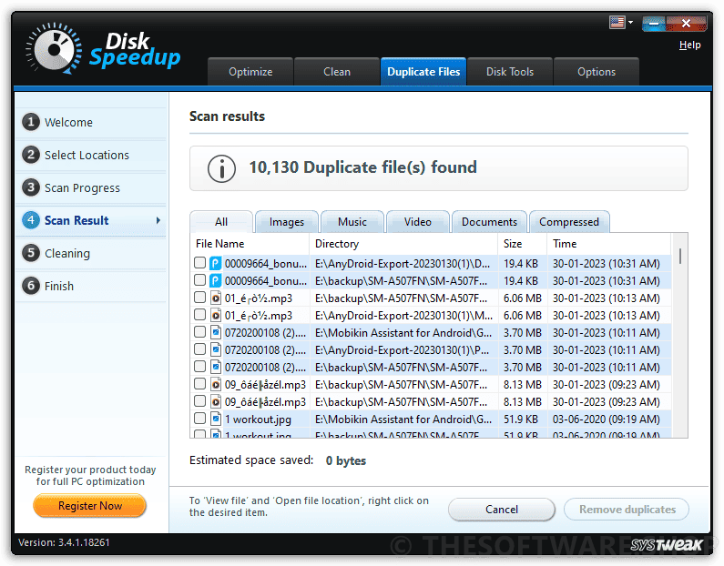 Systweak Disk Speedup Duplicate Files Scan Results
