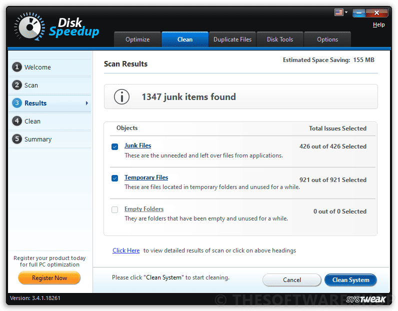 Systweak Disk Speedup Scan Results