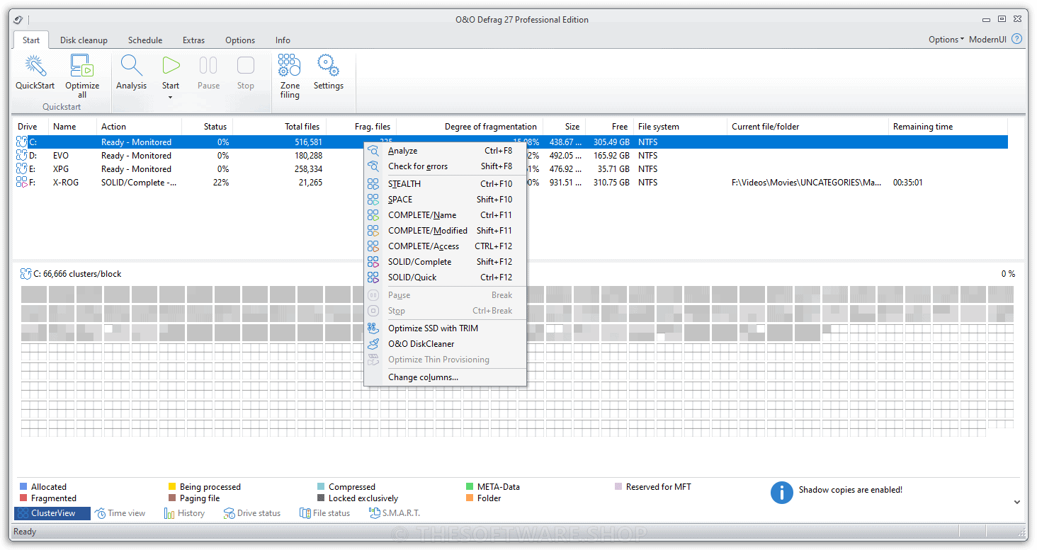 O&O Defrag 27 Professional - Right-click Menu