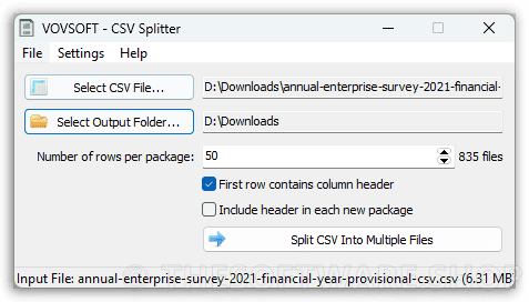 Vovsoft CSV Splitter Selection
