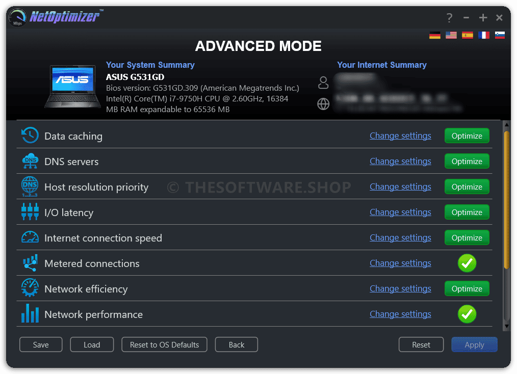 WeMinds NetOptimizer Screenshot - Advanced Mode