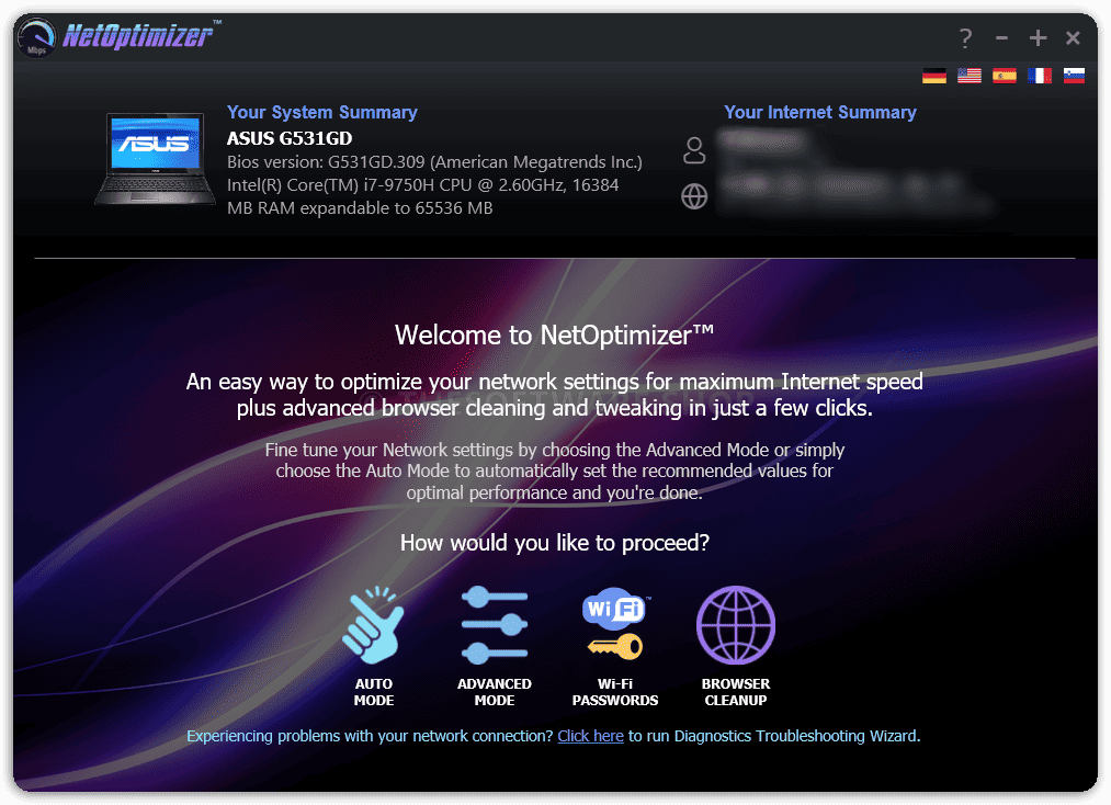 WeMinds NetOptimizer Screenshot - Main Interface
