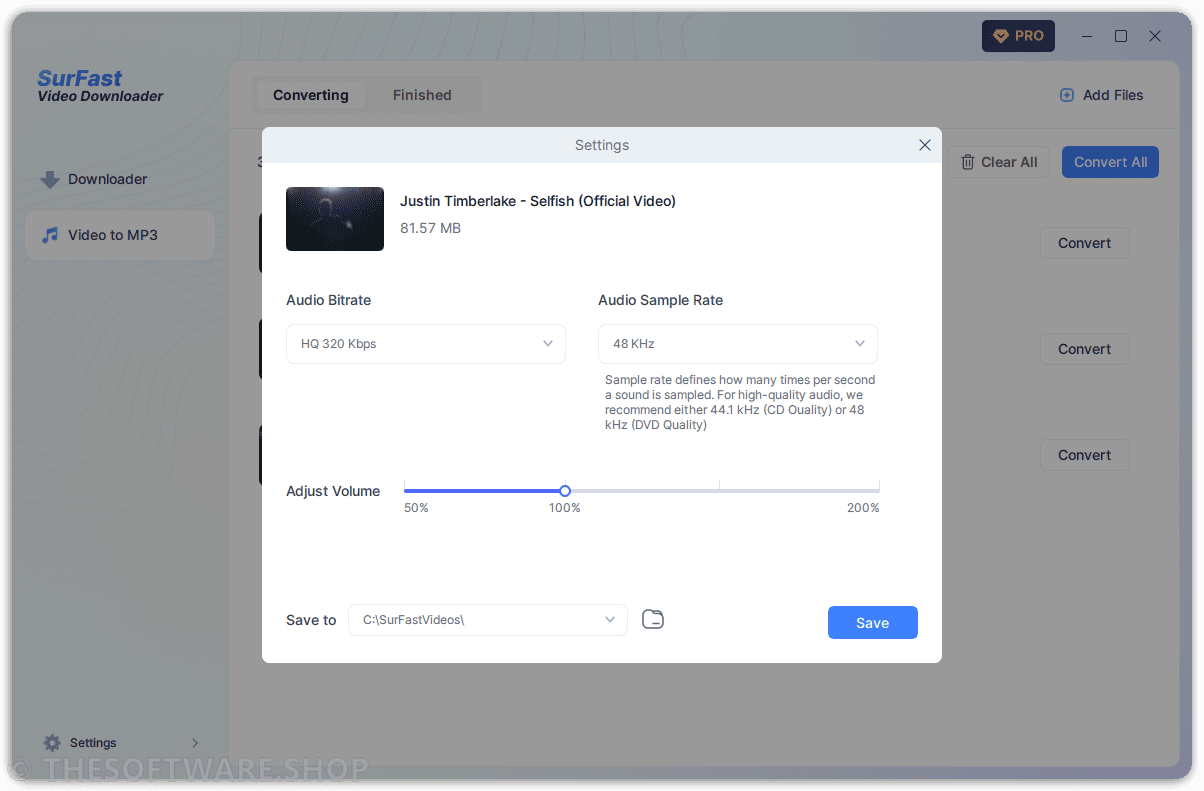 Surfast Video Downloader Pro Video to Mp3 settings