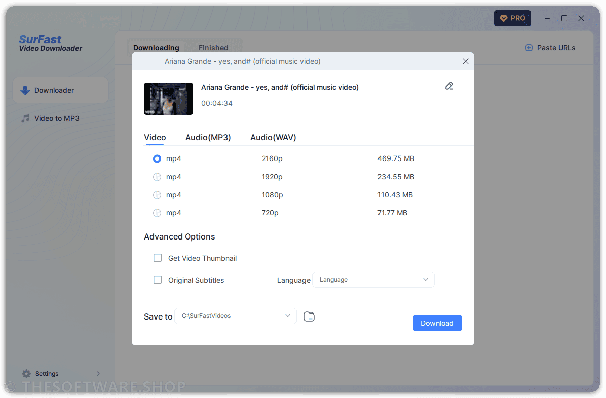 Surfast Video Downloader Pro download video options